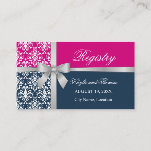 Damask Faux Silver Ribbon Navy Blue Fuchsia Enclosure Card