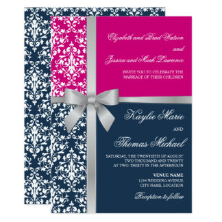 Damask Faux Silver Ribbon Navy Fuchsia Wedding Card