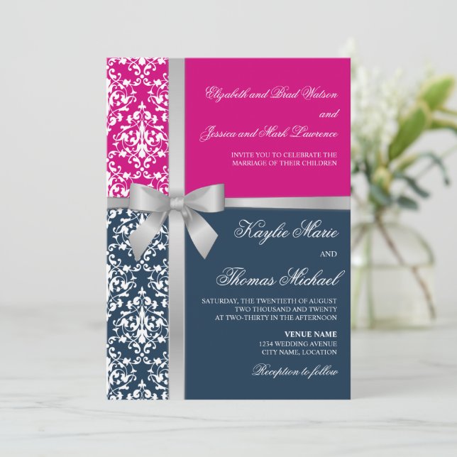 Damask Faux Silver Ribbon Navy Fuchsia Wedding Invitation (Standing Front)