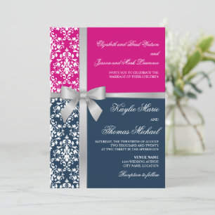 Damask Faux Silver Ribbon Navy Fuchsia Wedding Invitation