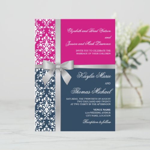 Damask Faux Silver Ribbon Navy Fuchsia Wedding Invitation