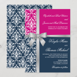 Damask Faux Silver Ribbon Navy Fuchsia Wedding Invitation