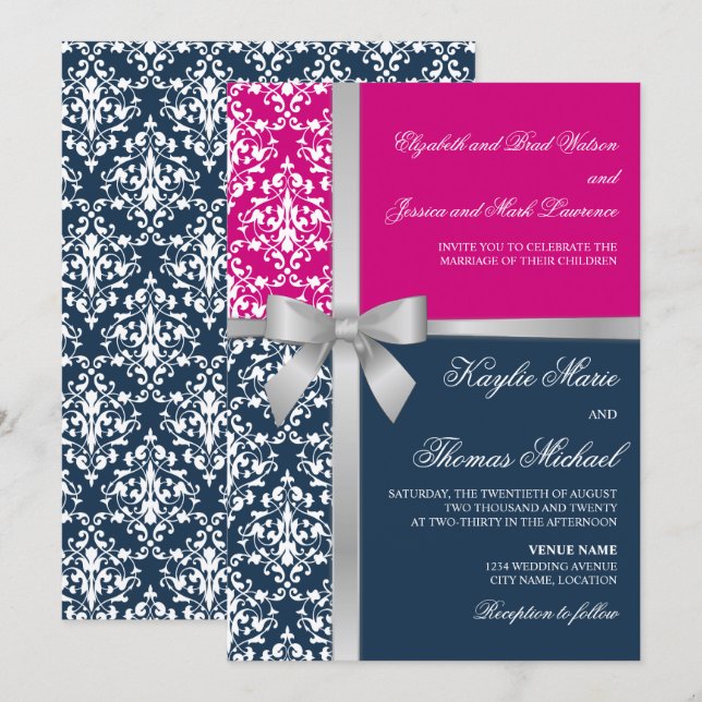 Damask Faux Silver Ribbon Navy Fuchsia Wedding Invitation (Front/Back)