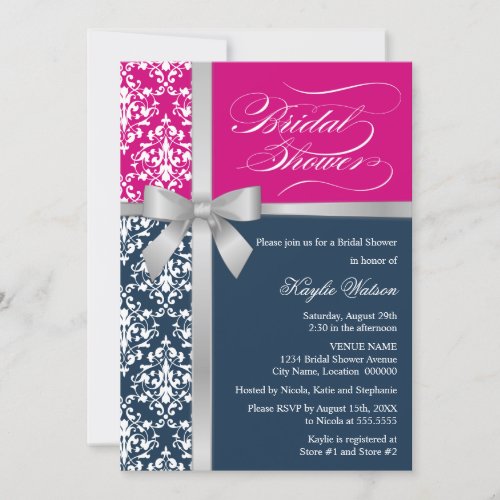 Damask Faux Silver Ribbon Navy Pink Bridal Shower Custom Invites