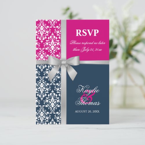 Damask Faux Silver Ribbon Navy Wedding RSVP