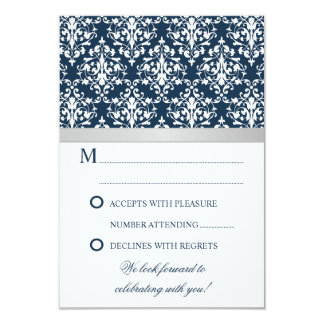 Damask Faux Silver Ribbon Navy Wedding RSVP Card