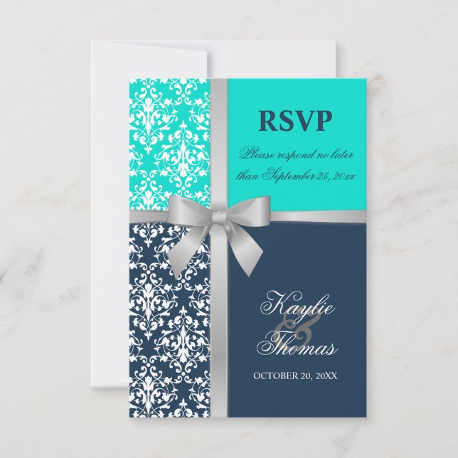 Damask Faux Silver Ribbon Navy Wedding RSVP Card (Front)