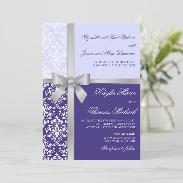 Damask Faux Silver Ribbon Purple Lilac Wedding Invitation (Standing Front)