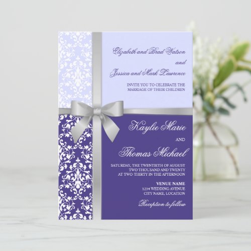 Damask Faux Silver Ribbon Purple Lilac Wedding Invitation