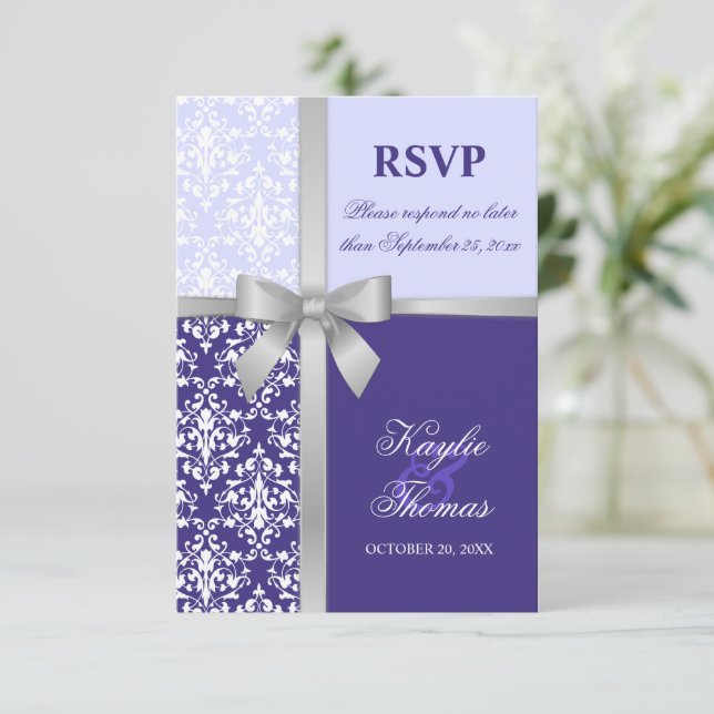 Damask Faux Silver Ribbon Purple Wedding RSVP Card (Standing Front)