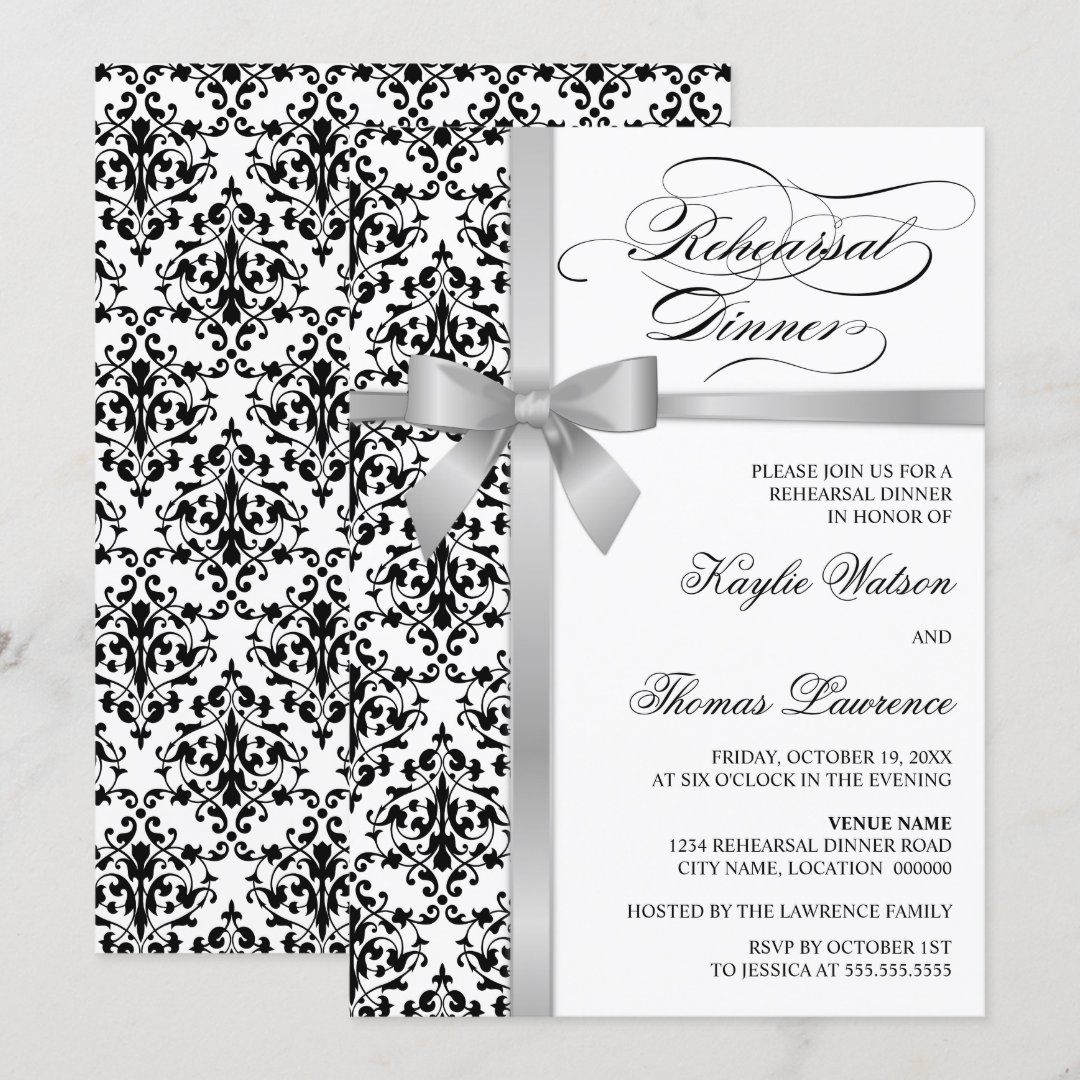 Damask Faux Silver Ribbon Rehearsal Dinner Invitation | Zazzle