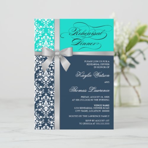 Damask Faux Silver Ribbon Rehearsal Dinner Custom Invitation
