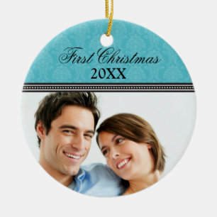Damask First Christmas Wedding Ornament (aqua)