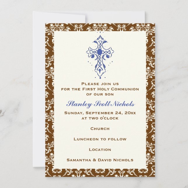 Damask First Holy Communion Baptism Confirmation Invitation (Front)