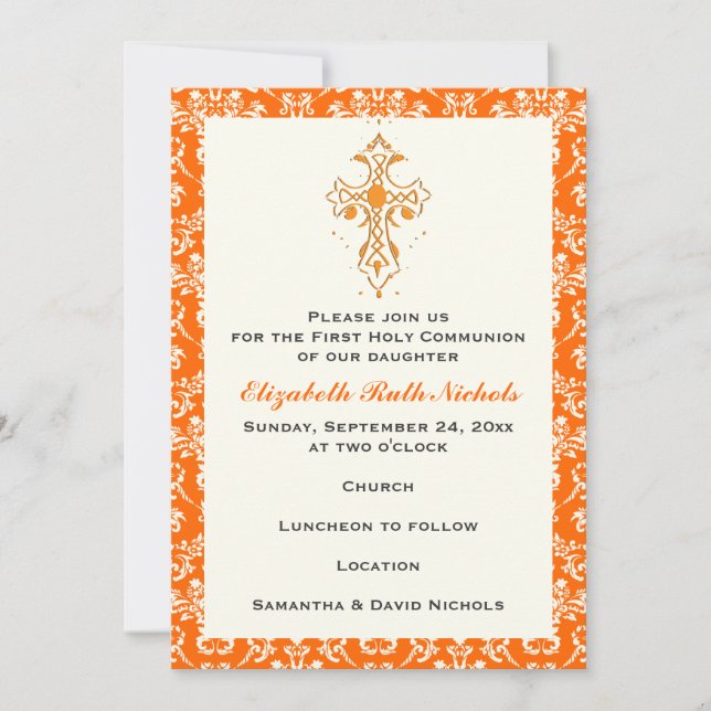 Damask First Holy Communion Baptism Confirmation Invitation (Front)