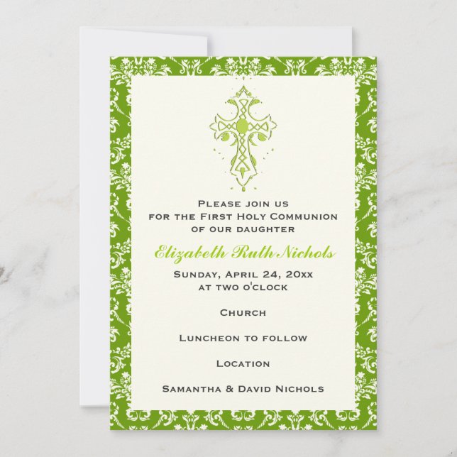 Damask First Holy Communion Baptism Confirmation Invitation (Front)