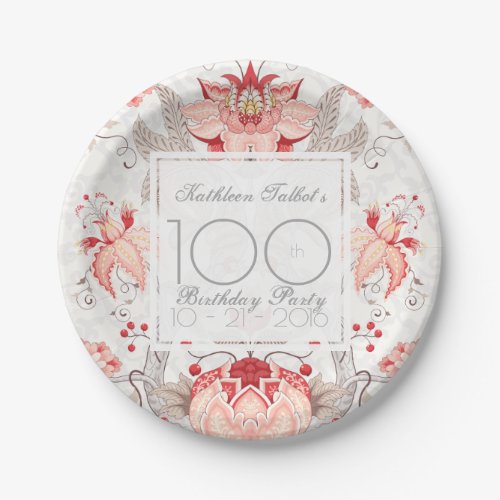 Damask Floral 100th Birthday Party Paper Plate