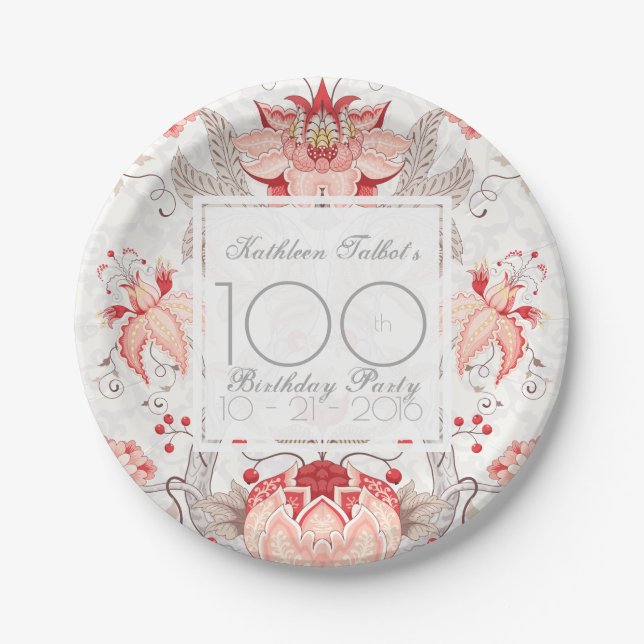 Damask Floral 100th Birthday Party Paper Plate (Front)