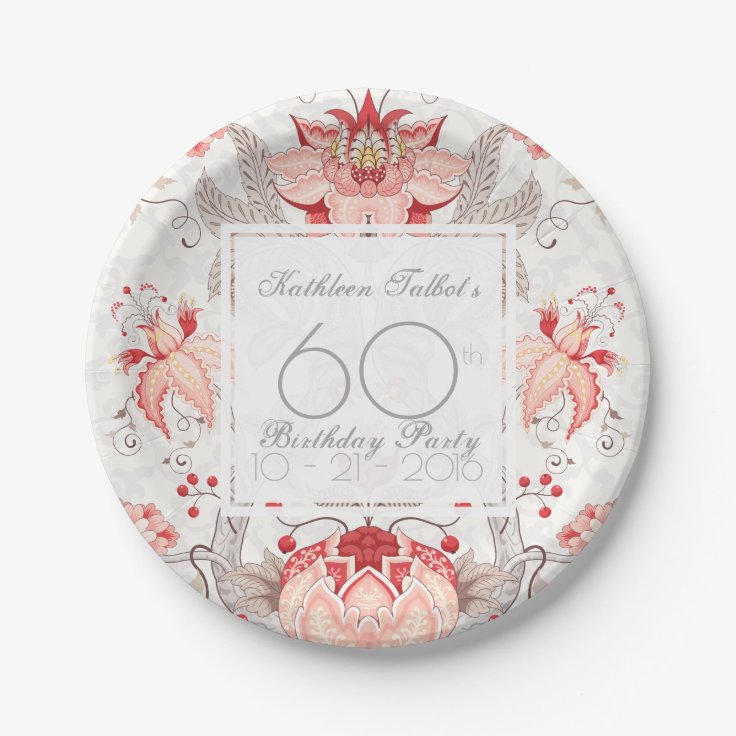 Damask Floral 60th Birthday Party Paper Plate Zazzle