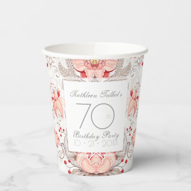 Damask Floral 70th Birthday Party Paper Cup (Left)