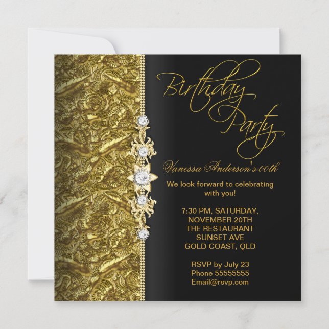 Damask Floral Birthday Party Gold Black 3 Invitation (Front)