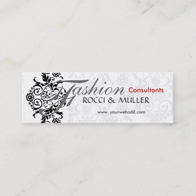 Damask floral black and white mini business card (Front)