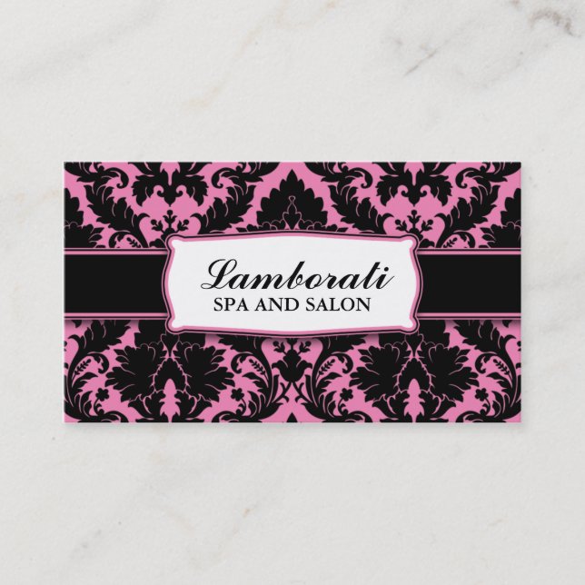 Damask Floral Elegant Modern Pink and Black Business Card (Front)