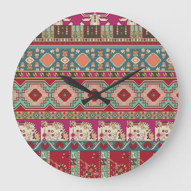 Damask Floral Geometric Colorful Patchwork Large Clock (Front)