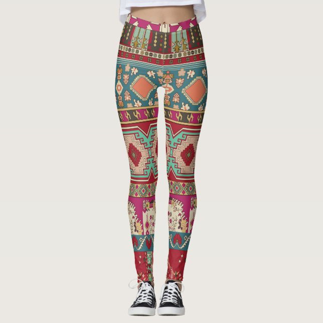 Damask Floral Geometric Colorful Patchwork Leggings (Front)