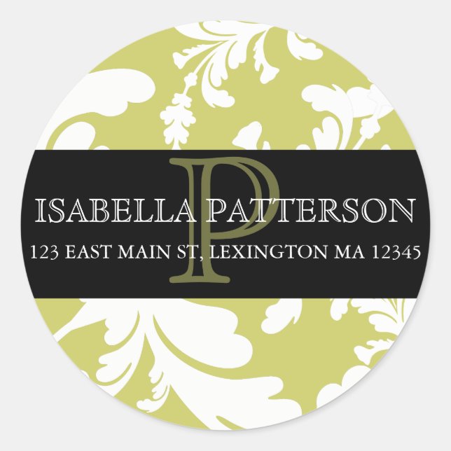 Damask Floral Monogram Circle Address Label (Front)