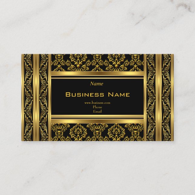 Damask Floral Ornate Gold Black Elegant Classy Business Card (Front)