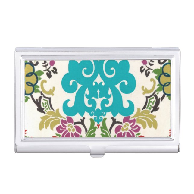 Damask Floral Patterns Plum Turquoise Business Card Case (Front)