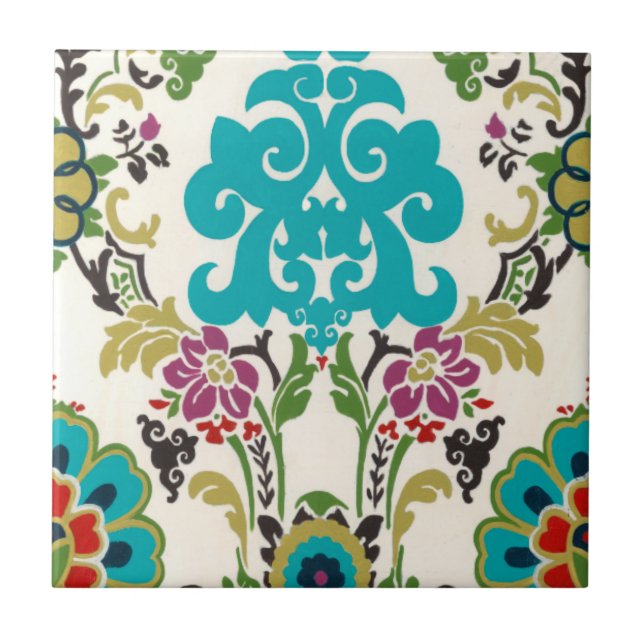 Damask Floral Patterns Plum Turquoise Ceramic Tile (Front)