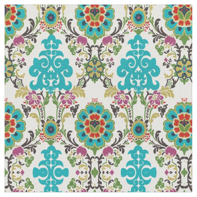 Damask Floral Patterns Plum Turquoise Fabric (Close Up)