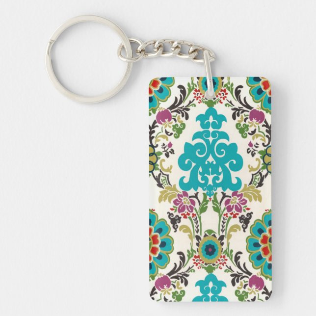 Damask Floral Patterns Plum Turquoise Keychain (Front)