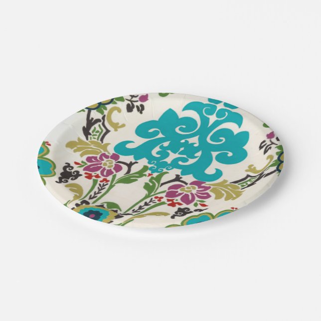 Damask Floral Patterns Plum Turquoise Paper Plates (Angled)