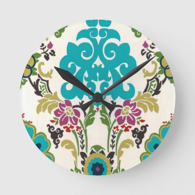 Damask Floral Patterns Plum Turquoise Round Clock (Front)