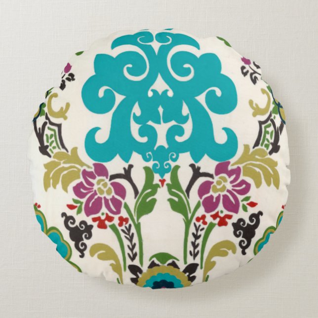 Damask Floral Patterns Plum Turquoise Round Pillow (Front)