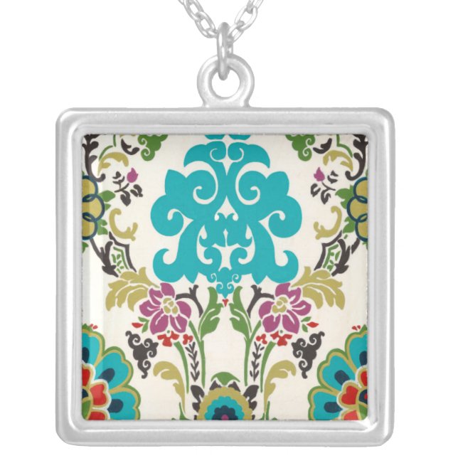 Damask Floral Patterns Plum Turquoise Silver Plated Necklace (Front)
