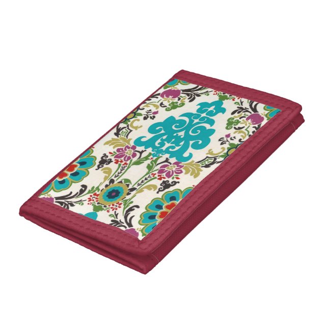 Damask Floral Patterns Plum Turquoise Trifold Wallet (Bottom)