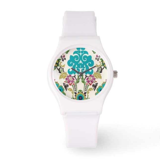 Damask Floral Patterns Plum Turquoise Watch (Front)