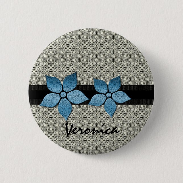 Damask Flowers Striped Border Button (Front)