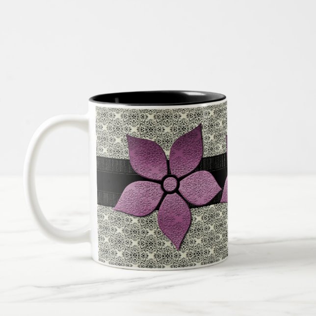Damask Flowers Striped Border Mug (Left)