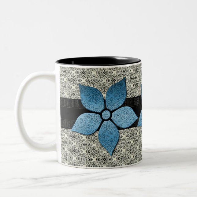 Damask Flowers Striped Border Mug (Left)