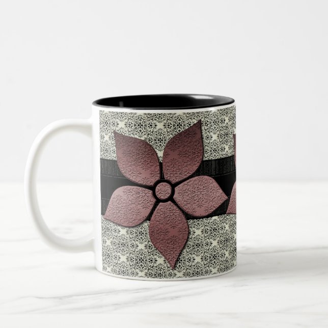 Damask Flowers Striped Border Mug (Left)