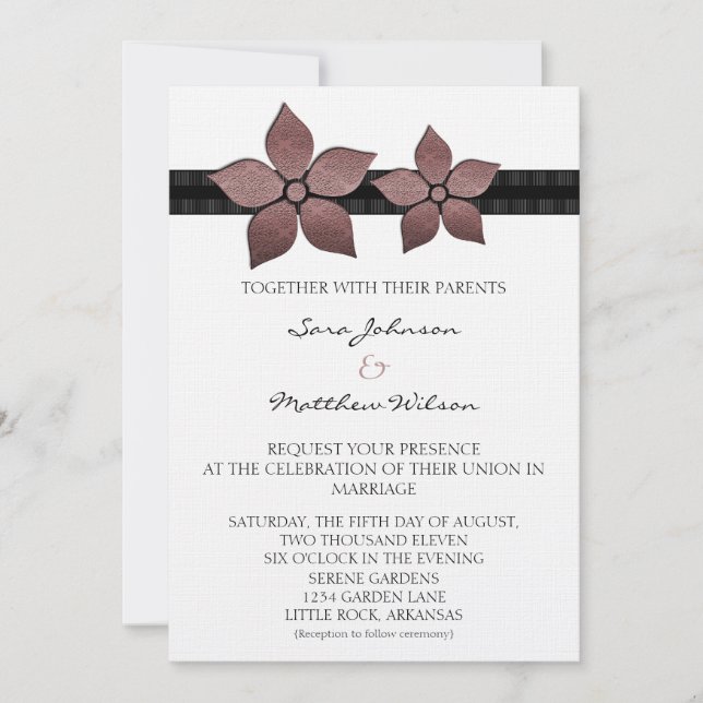 Damask Flowers Striped Border Wedding Invite (Front)