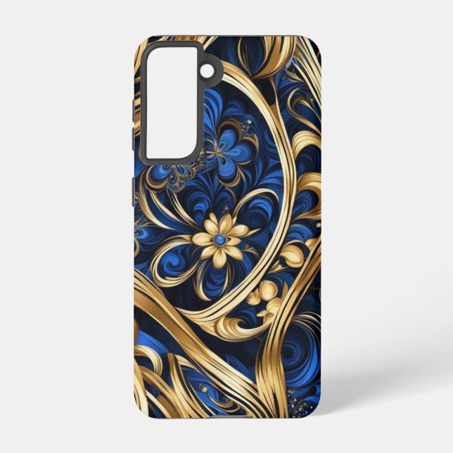 Damask Flowers Swirls Blue Gold Black Samsung Galaxy Case (Back)