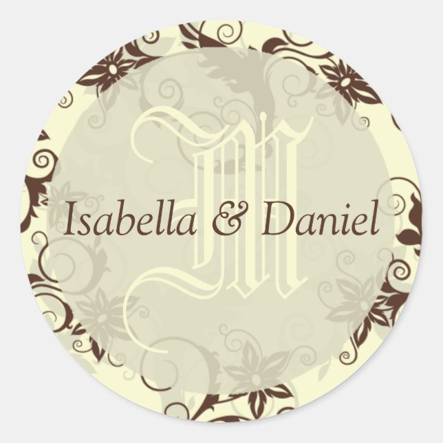 Damask Flowers Wedding Couple Names Monogram Classic Round Sticker (Front)