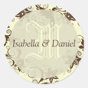 Damask Flowers Wedding Couple Names Monogram Classic Round Sticker