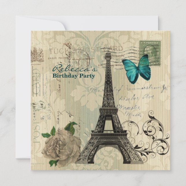 damask french Eiffel Tower Parisian birthday party Invitation (Front)